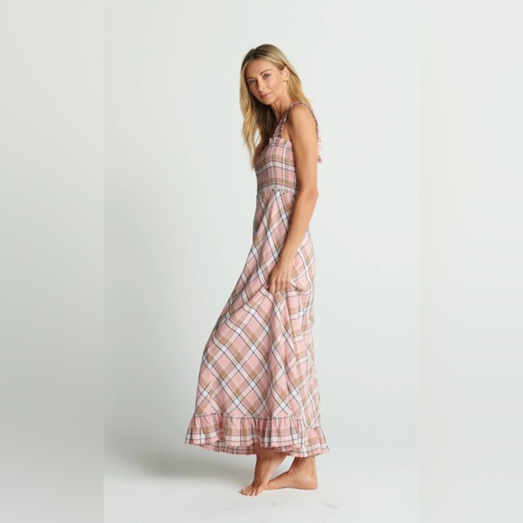 Sundays Beau Smocked Crystal Plaid Ruffle Hem Maxi Dress Cotton Linen Sz Large - Picture 2 of 10